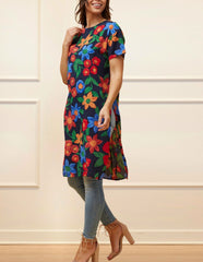 Gaelle Tunic Top Side Slit Floral Print Navy