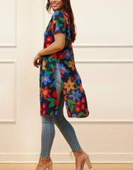 Gaelle Tunic Top Side Slit Floral Print Navy