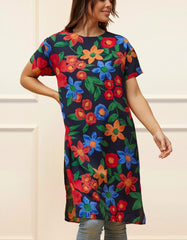 Gaelle Tunic Top Side Slit Floral Print Navy