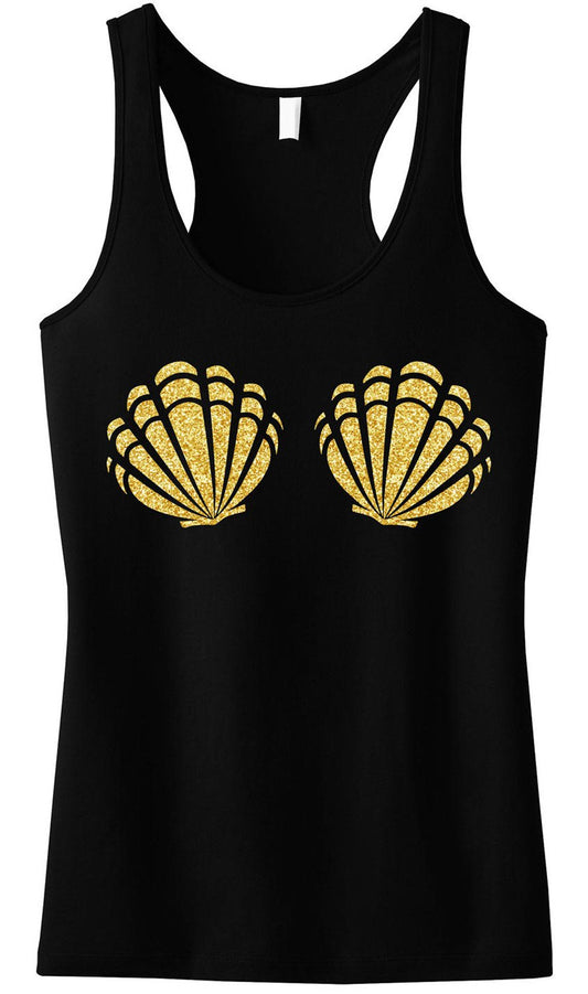 THE MERMAID Sea Shells Black Tank Top with Gold