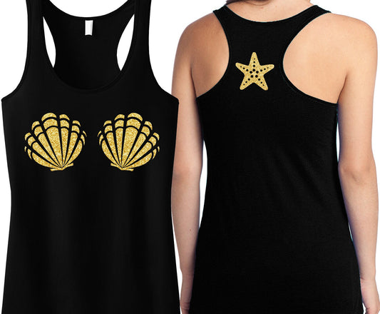 THE MERMAID Sea Shells Black Tank Top with Gold