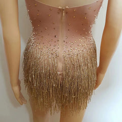 Gold Rhinestones Bodysuit Women Fringes Backless Latin Sexy Stage