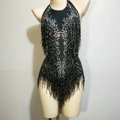 Sparkly Party Romper Crystals Fringes Bodysuit Sexy Tassel Leotard