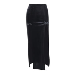 Vintage Black Velvet Split Skirts Aesthetic Sexy High Waist Bow