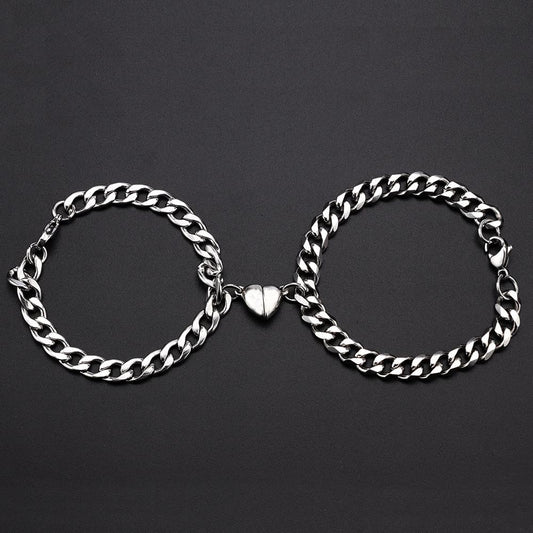 Stainless Steel Couple Bracelets Magnetism Heart Charm Cuba Chain