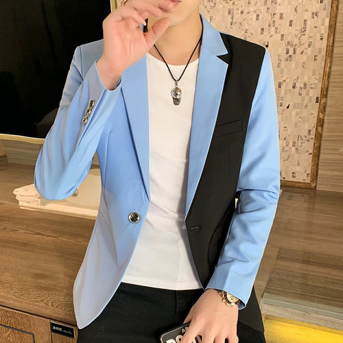 Men's Casual Blazer Korean Fashion Clothes Patchwork Suit Jacket Male