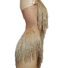 Gold Rhinestones Bodysuit Women Fringes Backless Latin Sexy Stage