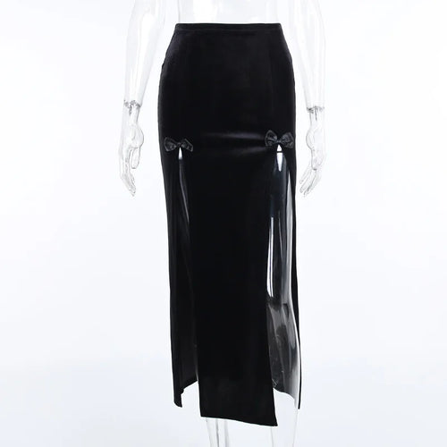 Vintage Black Velvet Split Skirts Aesthetic Sexy High Waist Bow