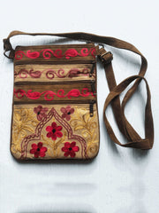 Beige And Red Suede Embroidered Crossbody Bag