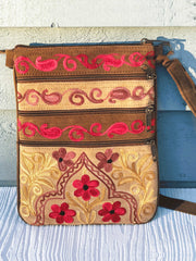 Beige And Red Suede Embroidered Crossbody Bag