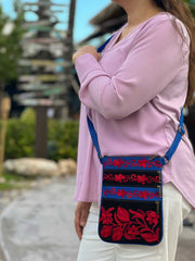 Black And Red Suede Embroidered Cross-Body Bag