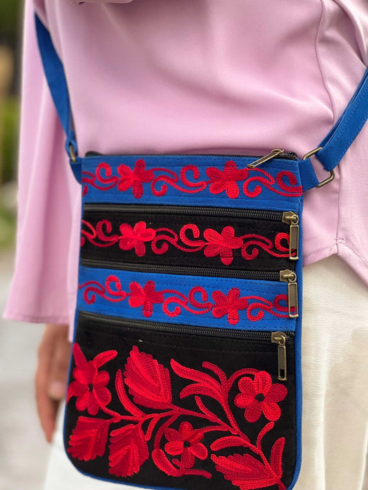 Black And Red Suede Embroidered Cross-Body Bag