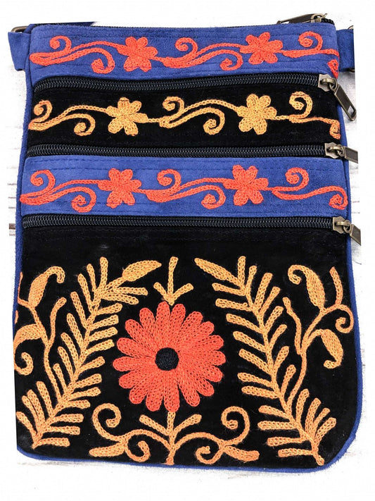 Suede Embroidered Tangerine and Blue Crossbody Bags