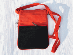 Suede Embroidered Black and Red Five Zipper Crossbody Bag