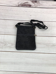 Suede Embroidered Gray and Black Five Zipper Crossbody Bag