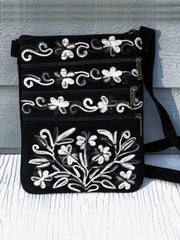 Suede Embroidered Gray and Black Five Zipper Crossbody Bag