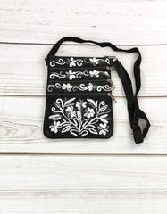 Suede Embroidered Gray and Black Five Zipper Crossbody Bag