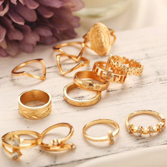 13 Piece Medallion Ring Set With Austrian Crystals 18K Gold Plated