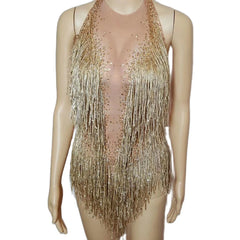 Gold Rhinestones Bodysuit Women Fringes Backless Latin Sexy Stage