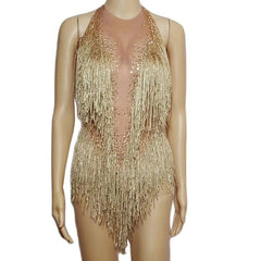 Gold Rhinestones Bodysuit Women Fringes Backless Latin Sexy Stage