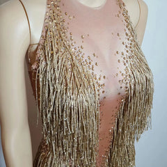 Gold Rhinestones Bodysuit Women Fringes Backless Latin Sexy Stage