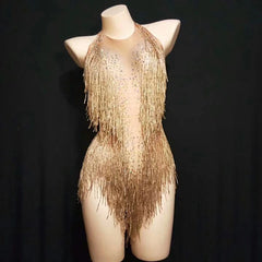 Sparkly Party Romper Crystals Fringes Bodysuit Sexy Tassel Leotard