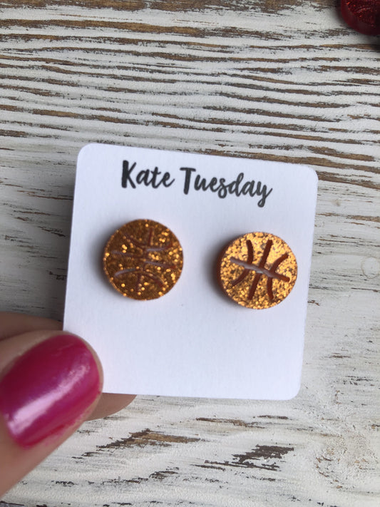 Orange Baseketball Sparkly Stud Acrylic Earrings