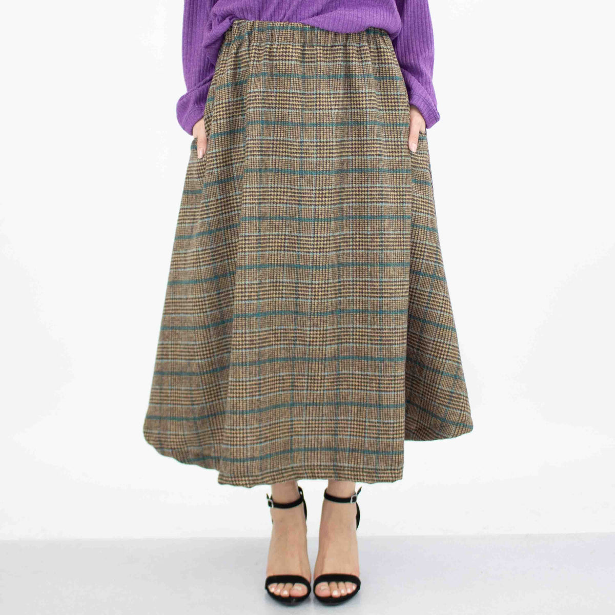 Plaid Flare Midi Skirt with Side Pockets - Blue