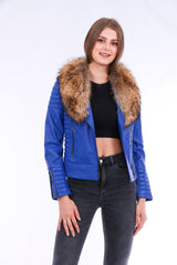 Milani Quilted Leather Biker Jacket - Blue