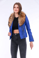 Milani Quilted Leather Biker Jacket - Blue