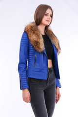 Milani Quilted Leather Biker Jacket - Blue