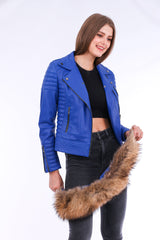 Milani Quilted Leather Biker Jacket - Blue