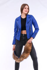 Milani Quilted Leather Biker Jacket - Blue