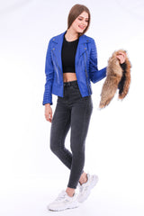 Milani Quilted Leather Biker Jacket - Blue