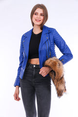 Milani Quilted Leather Biker Jacket - Blue