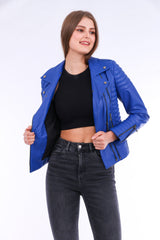 Milani Quilted Leather Biker Jacket - Blue