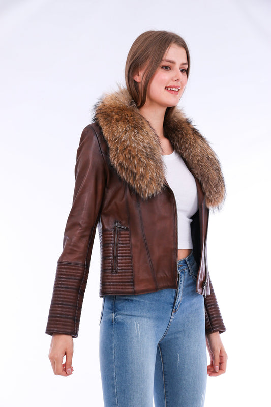 Ravenna Leather Biker Jacket - Brown