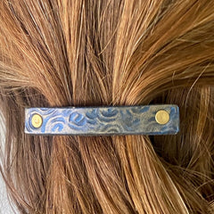 Lapis Blue & Gold Leather Barrette with Rustic Spirals Texture