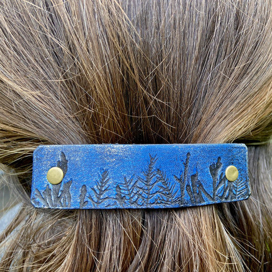 Moonlit Forest Trees Blue & Gold Leather Hair Barrette