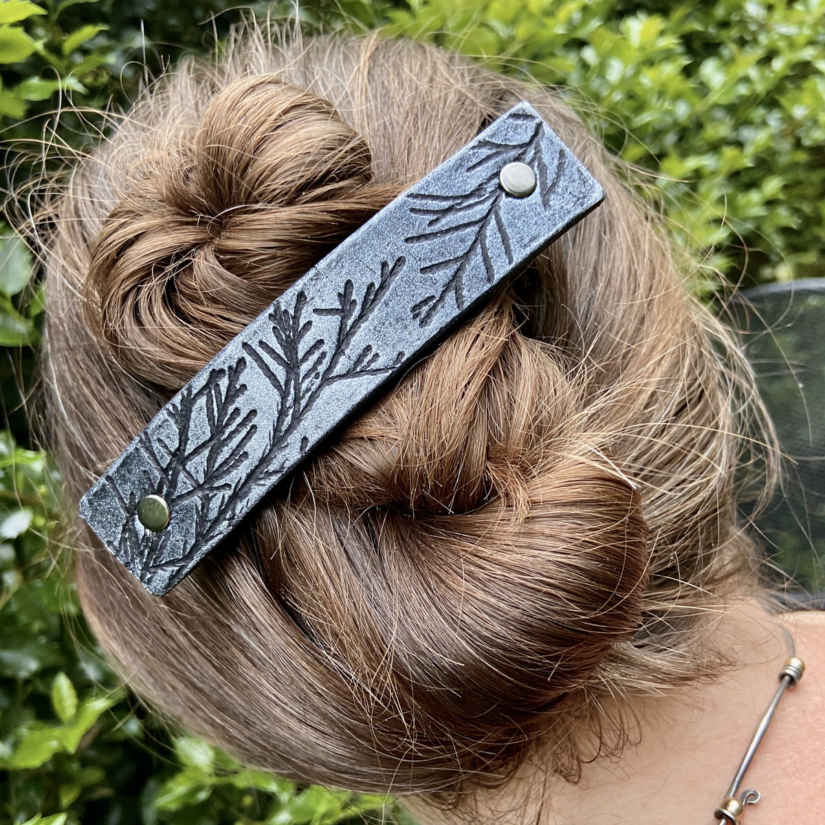 Silver Juniper Branches Leather Hair Barrette