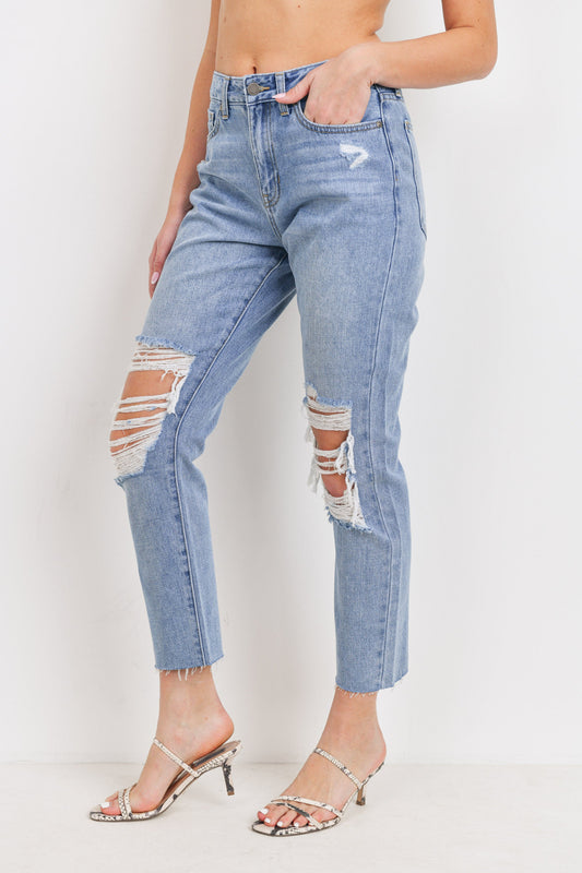 JUST USA KNEE DISTRESSED HIGH RISE STRAIGHT LEG JEAN