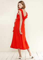 Women's Ruffle Trim Wrapped Maxi Dress in Red