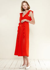 Women's Ruffle Trim Wrapped Maxi Dress in Red