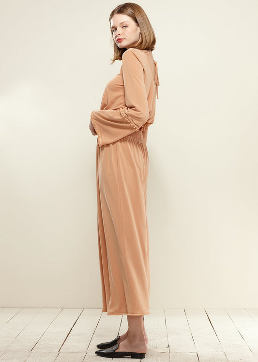 Smocked Waist Wide Leg Palazzo Pants in Apricot