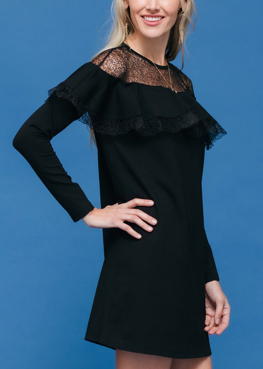 Lace Trim Sweatshirt Dress In Black