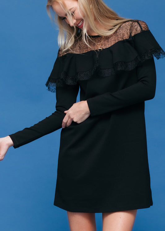 Lace Trim Sweatshirt Dress In Black