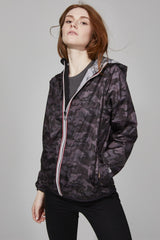 Women's black Camo Full Zip Packable Rain Jacket and windbreaker