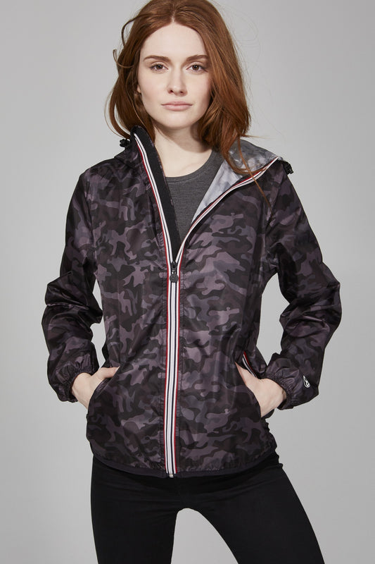 Women's black Camo Full Zip Packable Rain Jacket and windbreaker