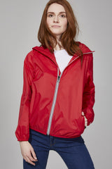 Women's red full zip packable rain jacket and windbreaker