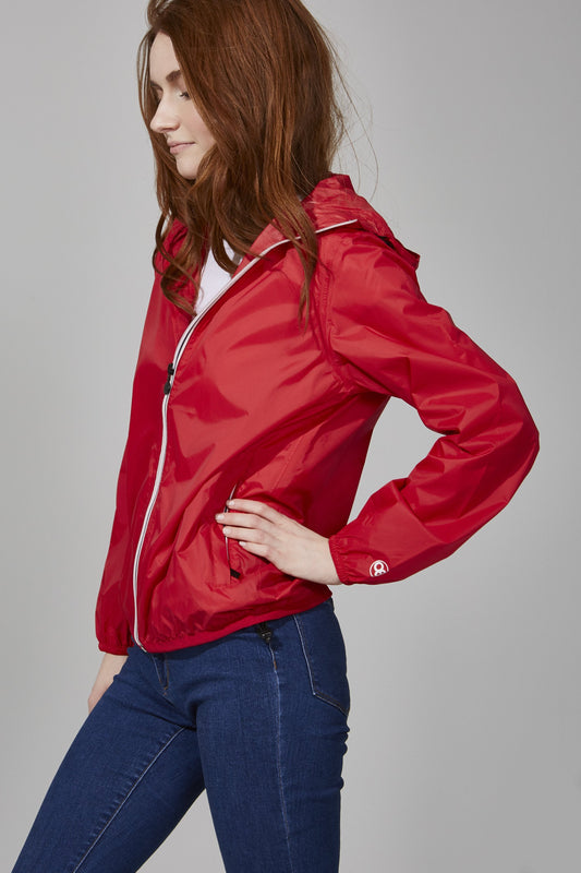 Women's red full zip packable rain jacket and windbreaker